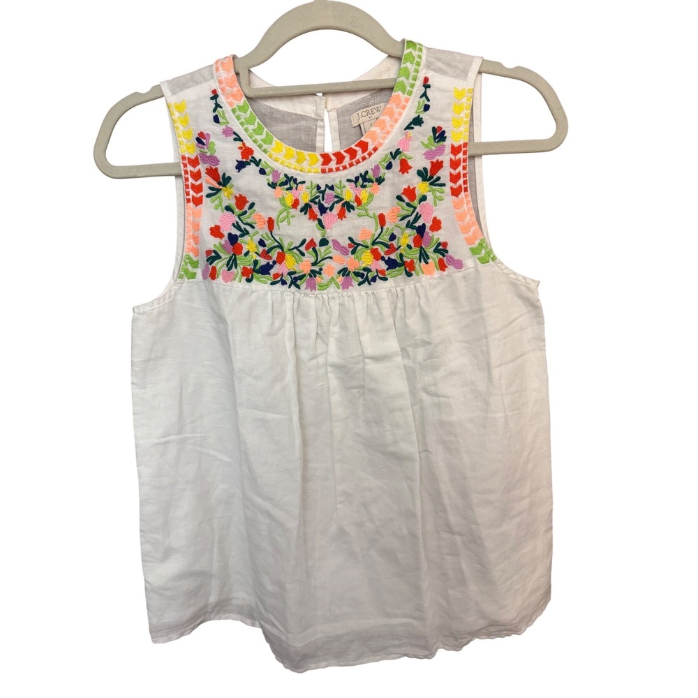 Crew Embroidered Yoke Sleeveless Top Linen Blend Floral Boho Size 2 - Picture 2 of 7